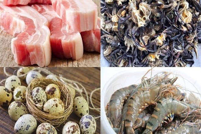 Nguyên liệu chính để nấu mì Quảng Phú Chiêm với tôm, thịt, cua và sợi mì