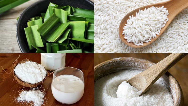Nguyên liệu chính làm xôi nếp cẩm tím: gạo nếp, lá cẩm tươi, nước cốt dừa