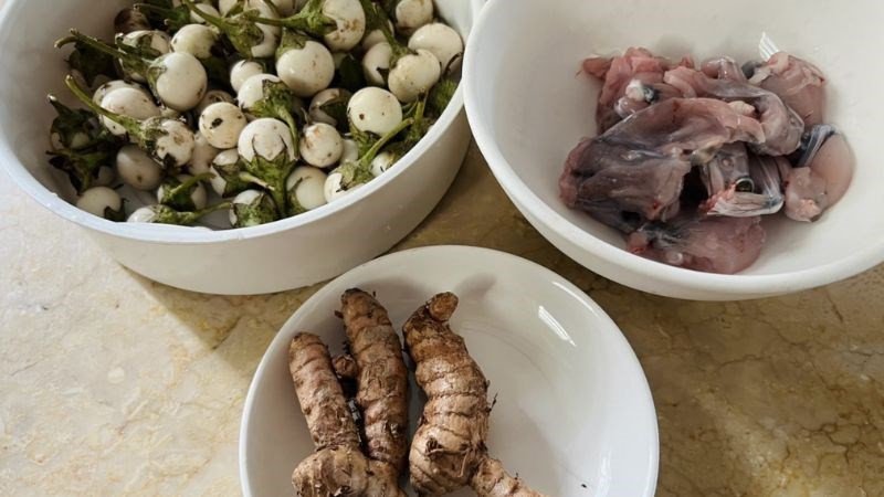nguyên liệu cho món ếch om cà cà pháo