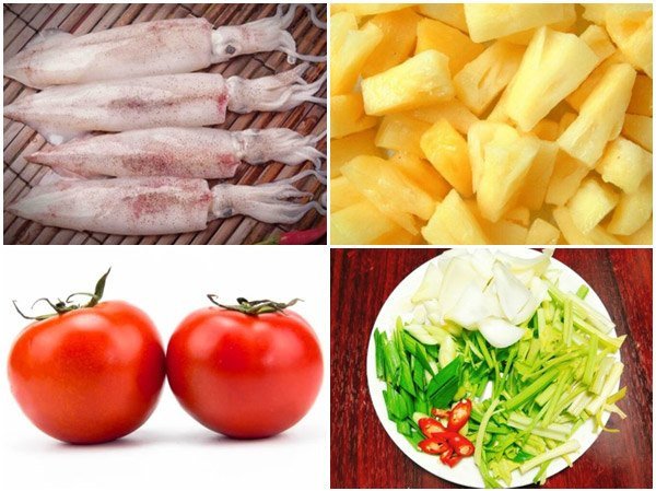 Nguyên liệu cho mực xào dứa cà chua hành tây