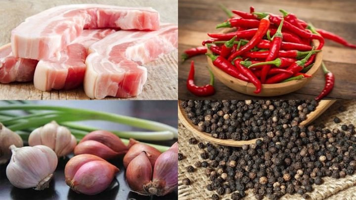 Nguyên liệu chuẩn bị cho cách làm thịt kho ngon với thịt ba chỉ, tiêu và hành tỏi ướp sẵn