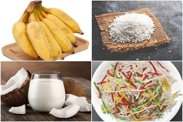 Nguyên liệu chuẩn bị cho cách nấu chè chuối bột báng thơm ngon
