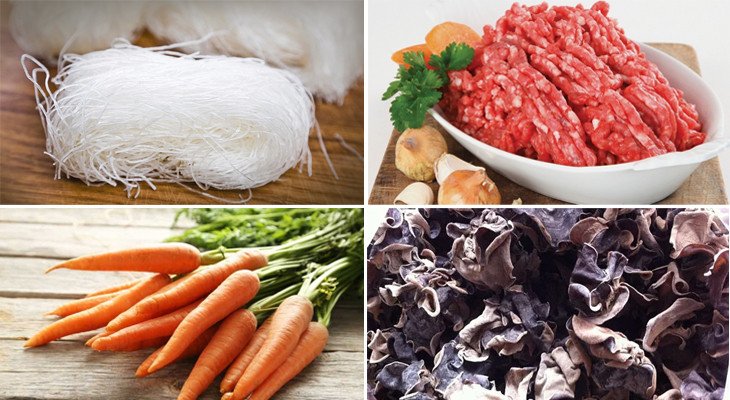 Nguyên liệu chuẩn bị cho cách nấu miến thịt heo băm với cà rốt, nấm mèo tươi ngon