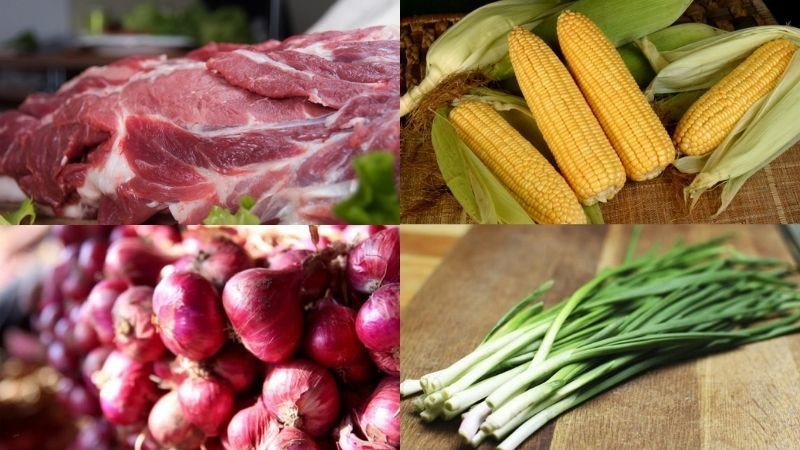 Nguyên liệu chuẩn bị cho cách xào thịt heo với bắp ngọt đơn giản