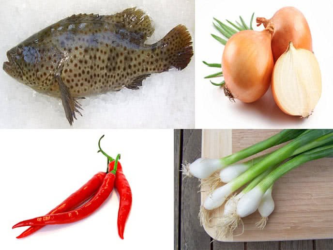 Nguyên liệu chuẩn bị cho món cá mú hấp cuốn bánh tráng