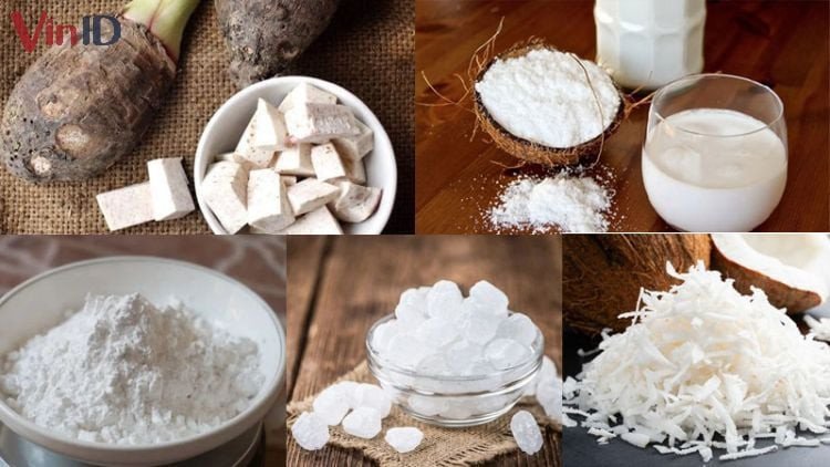 Nguyên liệu chuẩn bị cho món chè khoai mì bột năng nước cốt dừa