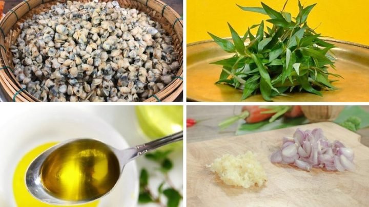 Nguyên liệu chuẩn bị cho món hến xào rau răm tại nhà