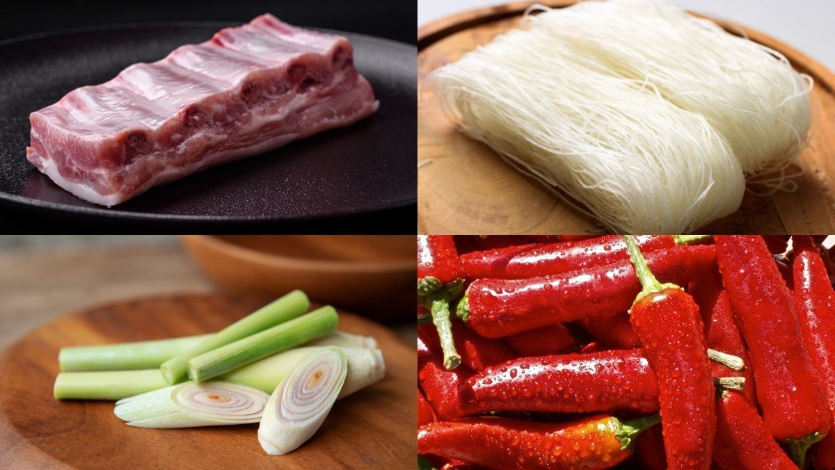 Nguyên liệu chuẩn bị cho món miến sườn cay