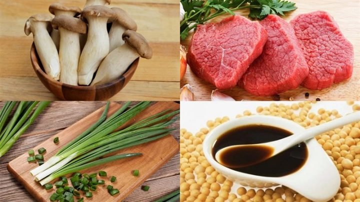 Nguyên liệu chuẩn bị cho món nấm đùi gà xào thịt bò