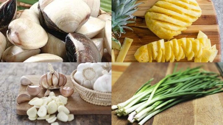 Nguyên liệu chuẩn bị cho món ngao xào dứa