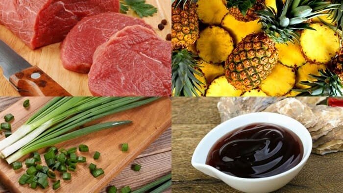 Nguyên liệu chuẩn bị cho món thịt bò xào dứa