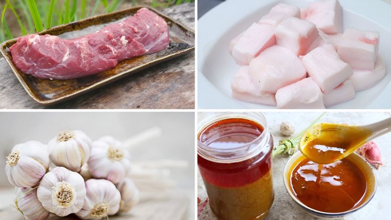 nguyên liệu chuẩn bị cho món thịt nướng kim tiền gồm thịt heo, mỡ heo, gia vị
