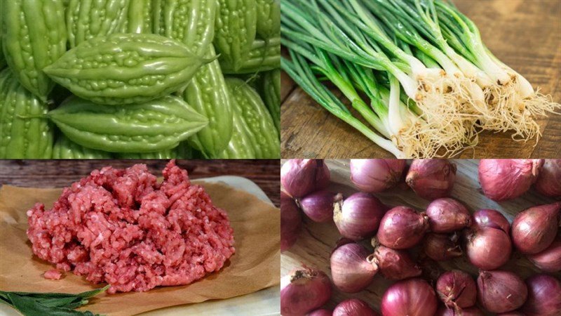 Nguyên liệu chuẩn bị để nấu canh khổ qua cắt lát bao gồm khổ qua, thịt băm và gia vị.