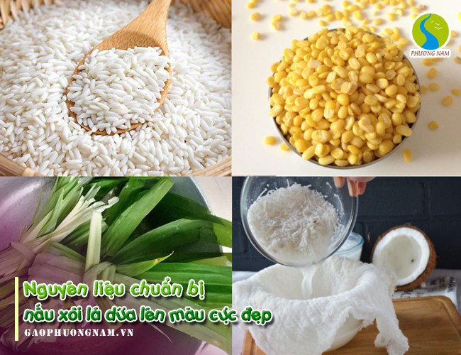 Nguyên liệu chuẩn bị để nấu xôi lá nếp màu xanh hấp dẫn