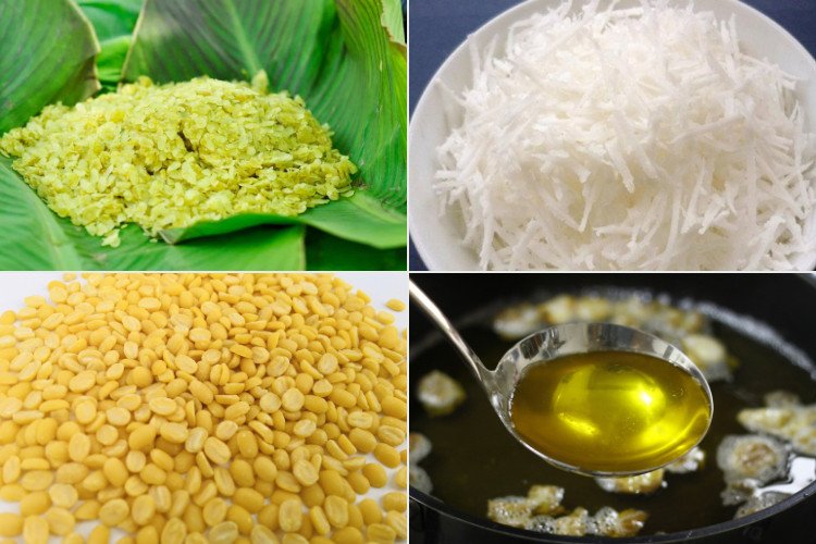 Nguyên liệu chuẩn bị làm xôi cốm: cốm, đậu xanh và dừa nạo