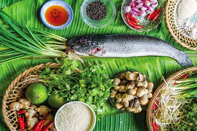 Nguyên liệu chuẩn bị nấu cháo cá lóc miền Tây với rau đắng