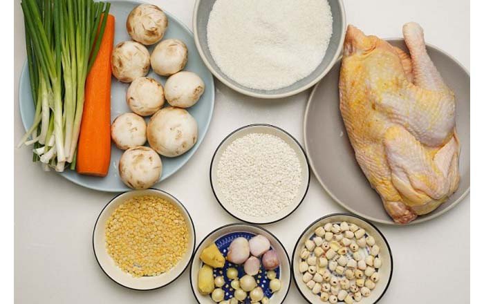 Nguyên liệu chuẩn bị nấu cháo gà bằng nồi cơm điện