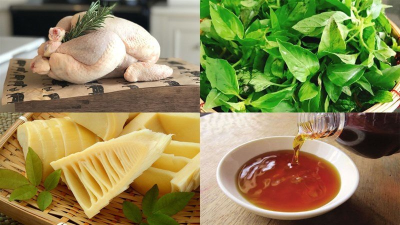 nguyên liệu chuẩn bị nấu lẩu gà lá é măng chua