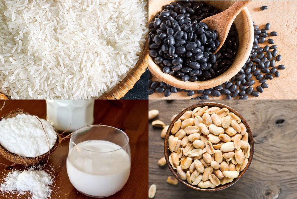 Nguyên liệu chuẩn bị nấu xôi đậu đen nước cốt dừa gồm nếp, đậu đen, dừa