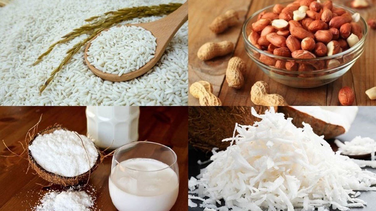 Nguyên liệu chuẩn bị nấu xôi lạc bằng nồi cơm điện bao gồm gạo nếp, lạc, nước cốt dừa