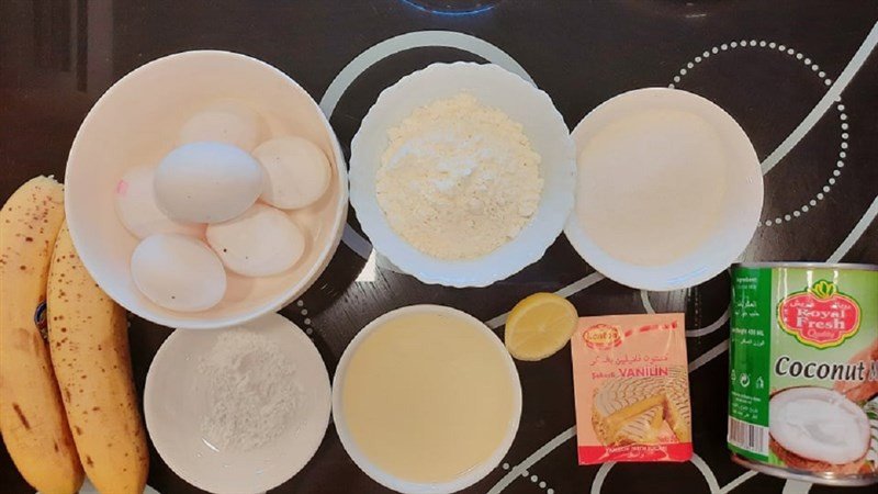 Nguyên liệu đầy đủ cho bánh bông lan chuối nước cốt dừa