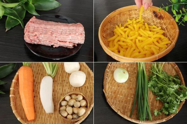 Nguyên liệu đầy đủ cho cách nấu nui thịt bằm nước, bao gồm thịt băm, nui và rau củ tươi