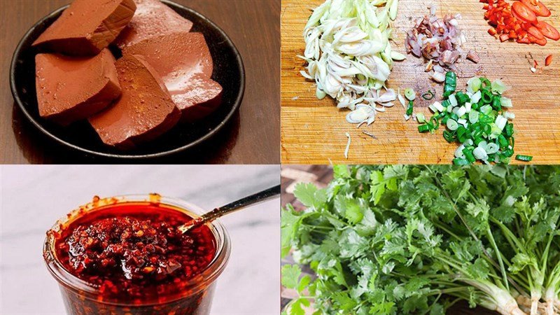 Nguyên liệu đầy đủ cho món canh tiết lợn nấu cay với sả ớt
