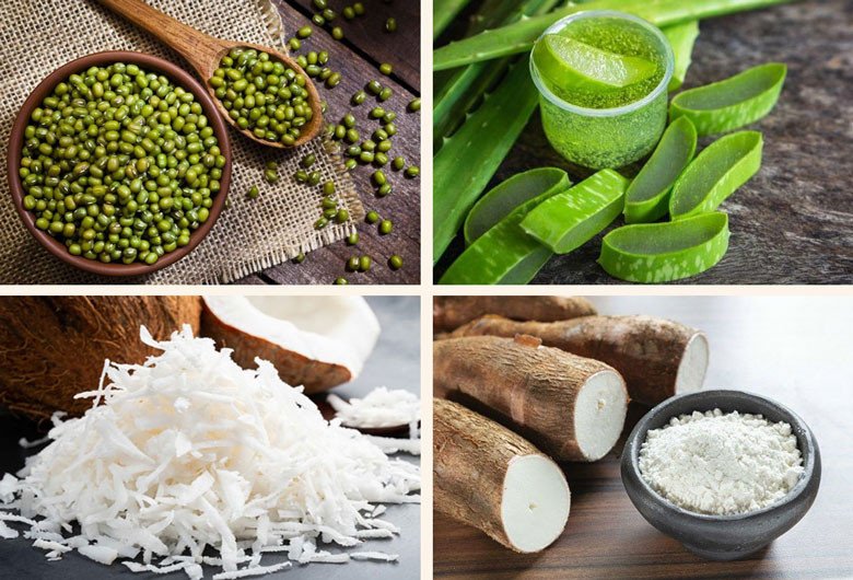 Nguyên liệu đầy đủ để thực hiện cách nấu chè đậu xanh nha đam cốt dừa tươi ngon