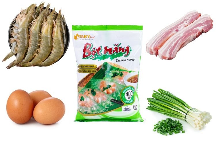 Nguyên liệu làm bánh ép Huế tại nhà gồm bột năng, tôm, thịt ba chỉ, trứng