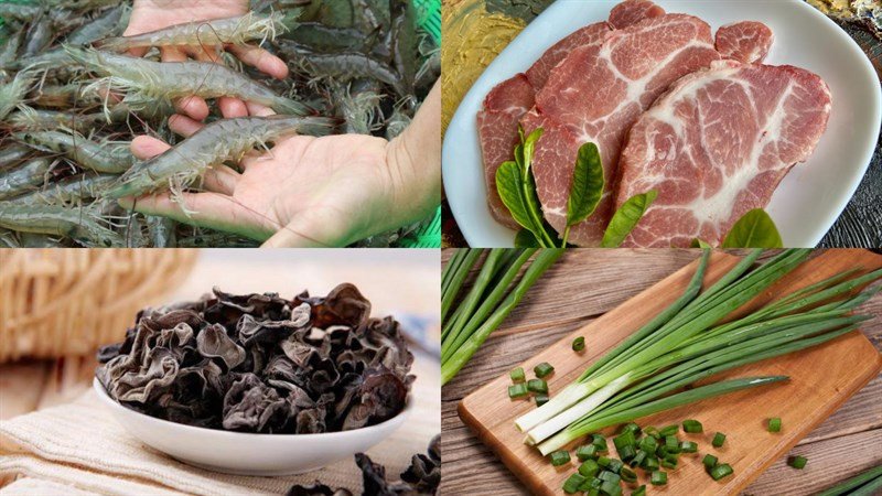 nguyên liệu làm chả giò tôm thịt chuẩn bị sẵn