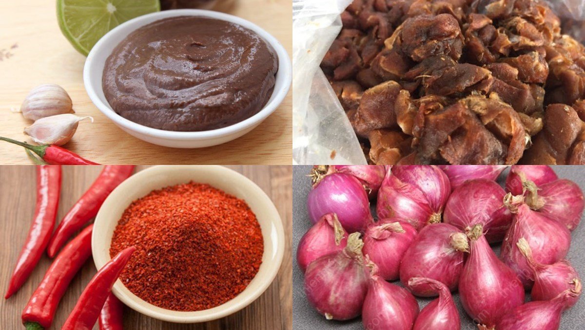 Nguyên liệu làm mắm ruốc chấm xoài với me