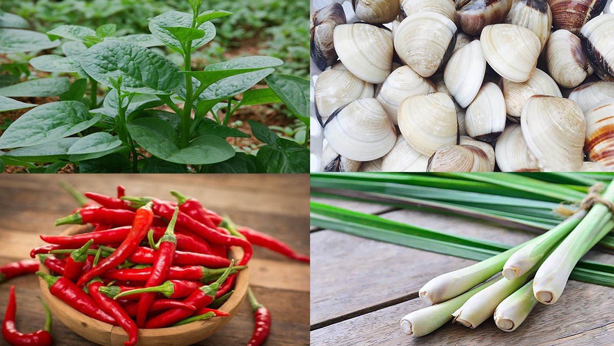 Nguyên liệu nấu canh ngao mồng tơi tươi ngon đã chuẩn bị sẵn sàng trên thớt.