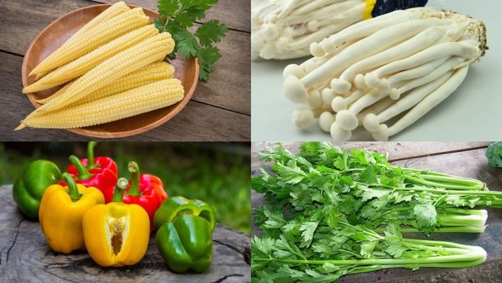 Nguyên liệu ngô bao tử xào ớt chuông chay
