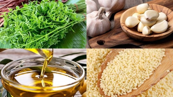 Nguyên liệu rau dớn tươi xanh và tỏi băm chuẩn bị cho món rau dớn xào