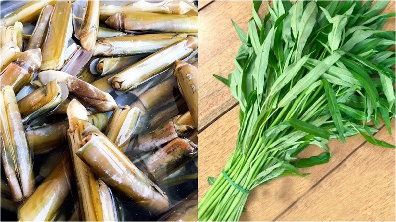 Nguyên liệu rau muống tươi và ốc móng tay chuẩn bị cho món xào