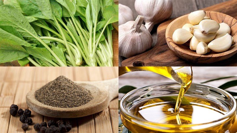 Nguyên liệu sạch sẽ gồm rau cải ngọt, tỏi và dầu hào cho món xào biến tấu