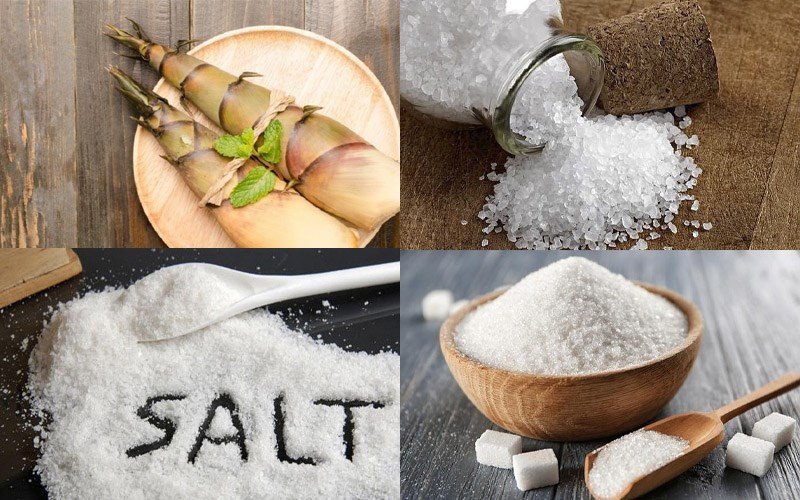Nguyên liệu sơ chế măng với phèn chua trước khi nấu cá