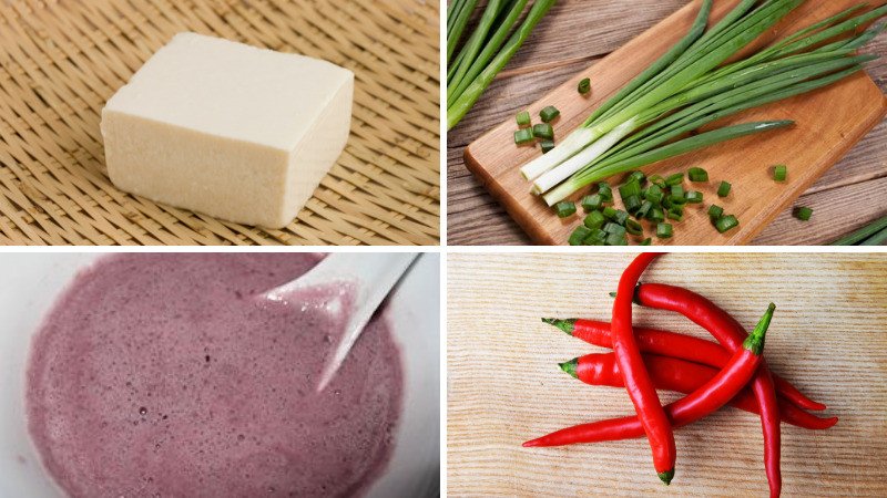 Nguyên liệu tươi ngon chuẩn bị cho món đậu hũ tẩm hành mắm tôm, bao gồm đậu phụ, hành lá, mắm tôm và các gia vị đi kèm