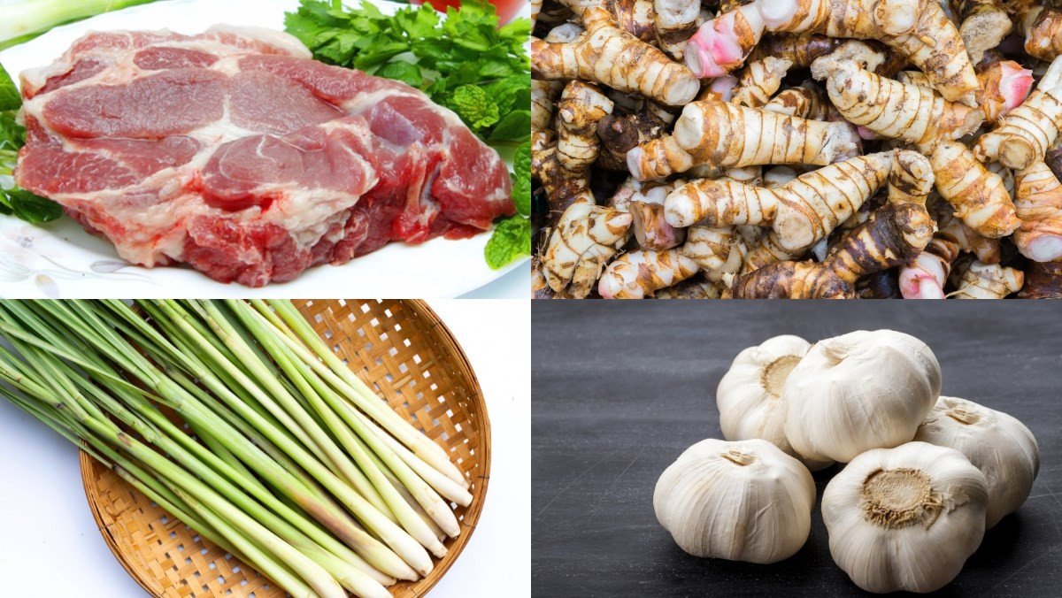 Nguyên liệu tươi ngon chuẩn bị cho món thịt lợn chiên riềng