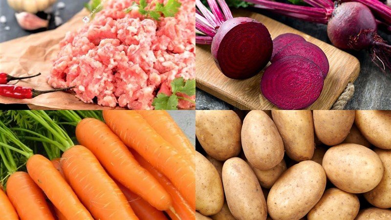 Nguyên liệu tươi ngon chuẩn bị nấu canh củ dền thịt băm: củ dền, cà rốt, khoai tây và thịt heo băm
