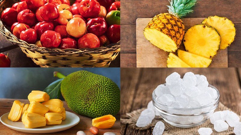 Nguyên liệu tươi ngon làm cocktail sơ ri bao gồm sơ ri, dứa và mít