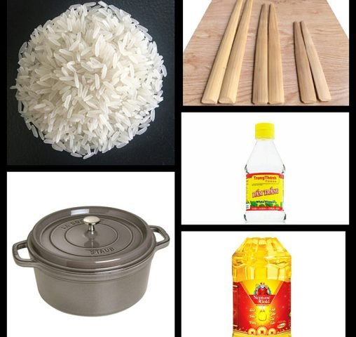 Nguyên liệu và dụng cụ chuẩn bị để nấu cơm bằng bếp gas