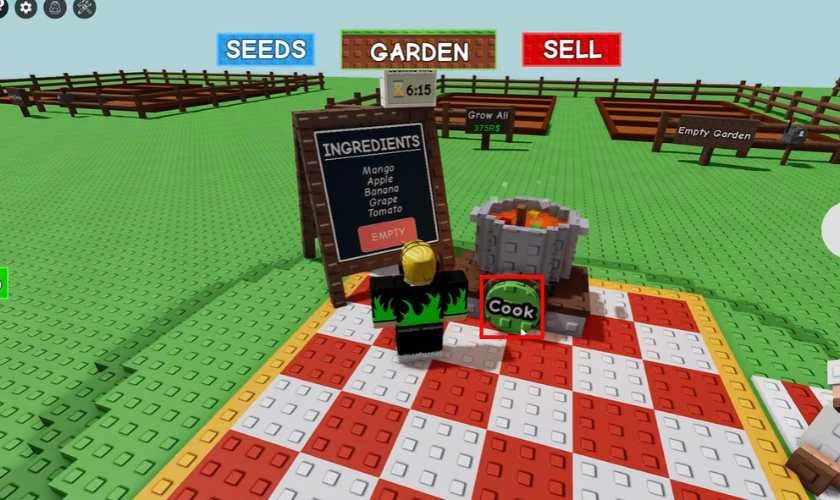 Nhấn nút COOK màu xanh để bắt đầu nấu đồ ăn trong Grow a Garden