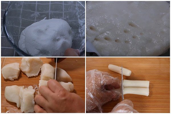 Nhồi và tạo hình bánh gạo tokbokki từ hỗn hợp bột nếp và bột gạo