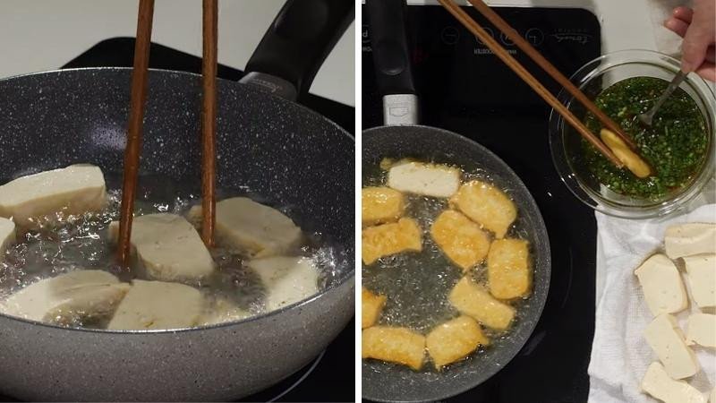 Những miếng đậu phụ vàng giòn đang được chiên đều trên chảo nóng, sẵn sàng để tẩm hành