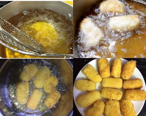 Những miếng sữa tươi đang được chiên vàng trong dầu nóng