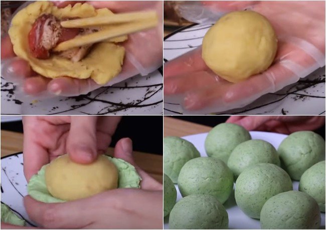 Những viên bánh khúc xôi đã được tạo hình tròn đều, bên trong bọc nhân đậu xanh và thịt