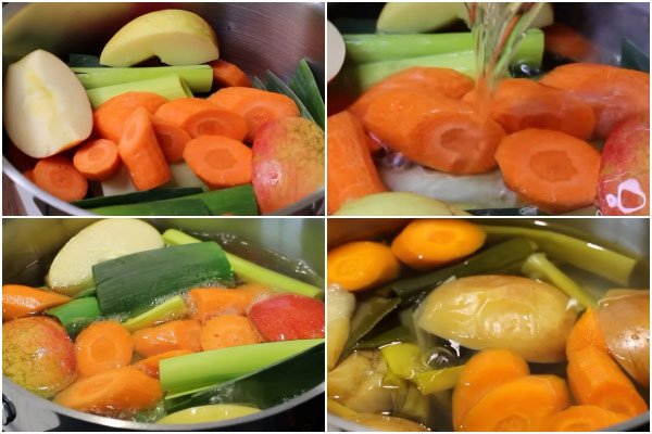Ninh nước dùng rau củ cho mì quảng chay