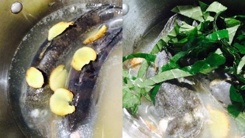 Nồi canh cá bớp lá lốt đang sôi trên bếp tỏa hương thơm