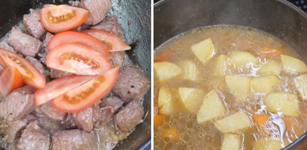 Nồi canh khoai tây thịt bò đang được hầm cùng cà chua